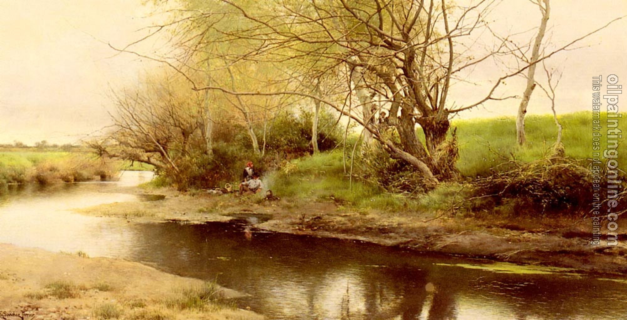 Emilio Sanchez-Perrier - A campfire By the River's Edge